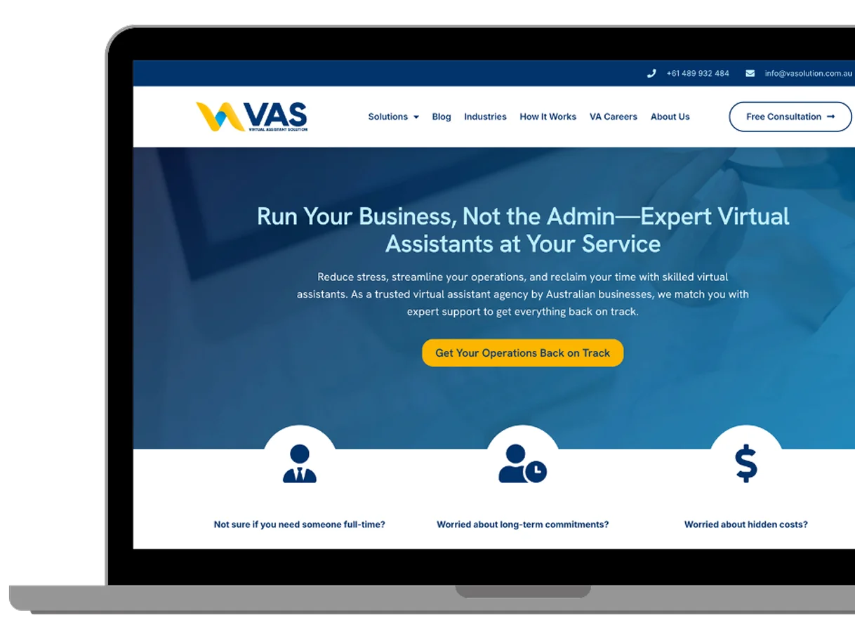 Laptop mockup showing the website of VAS