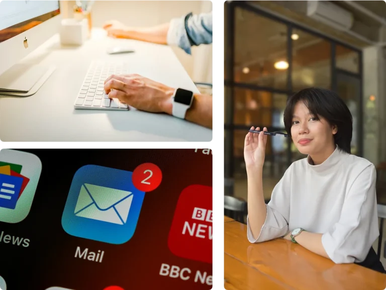 A collage image of a copywriter, a mail logo and someone browsing in the monitor which all illustrates email marketing services