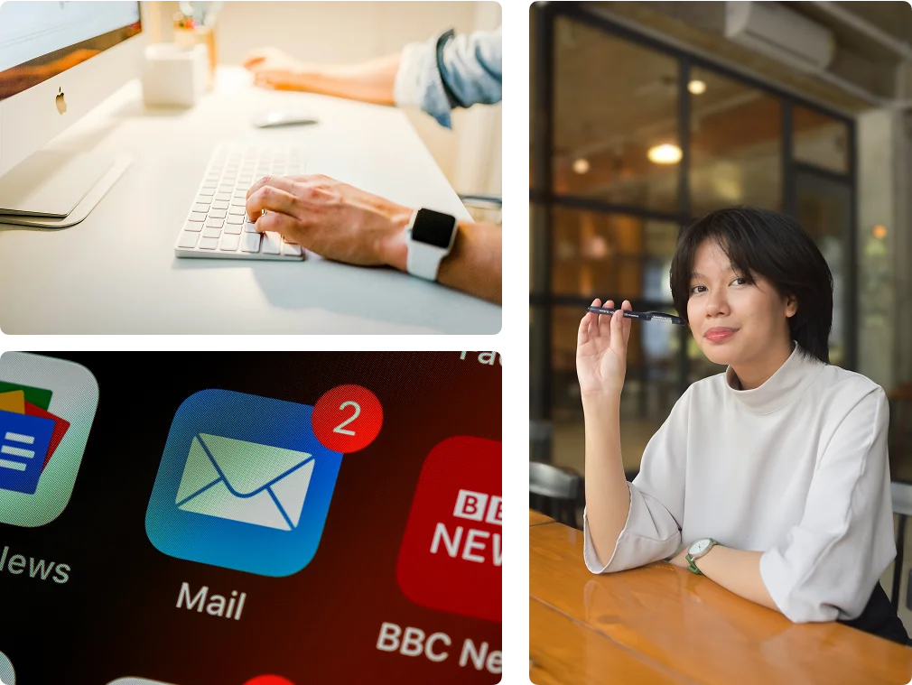A collage image of a copywriter, a mail logo and someone browsing in the monitor which all illustrates email marketing services
