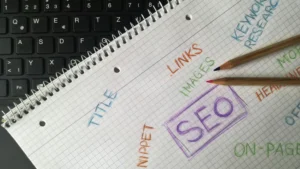 Onpage SEO checklist notes written in a notebook