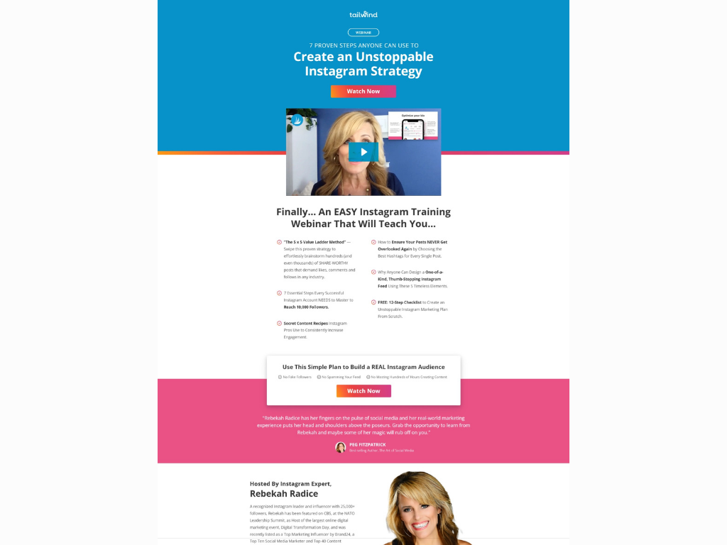 Tailwind’s free Instagram strategy webinar landing page