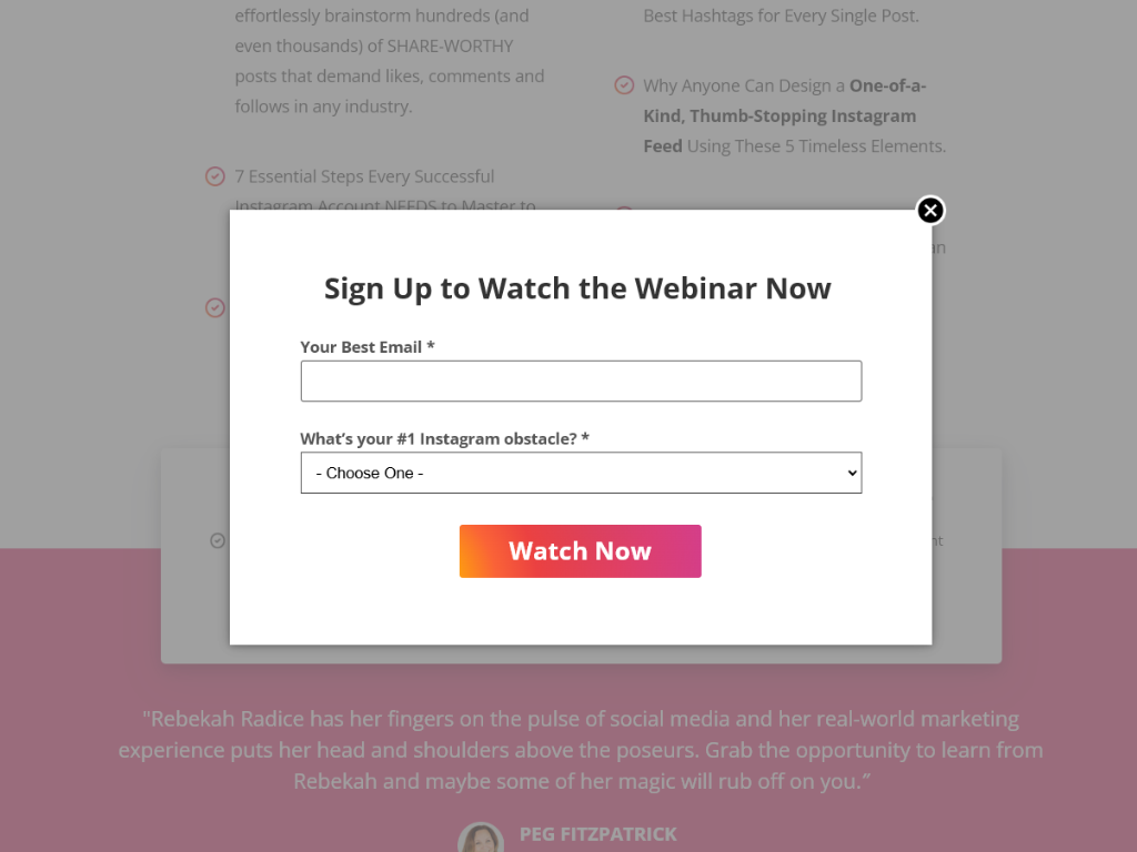 Tailwind’s free Instagram strategy webinar opt-in form