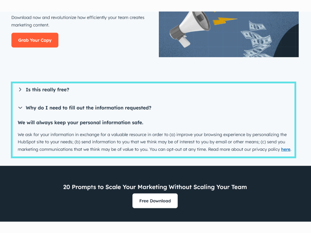 Hubspot’s Free AI Prompts FAQ section