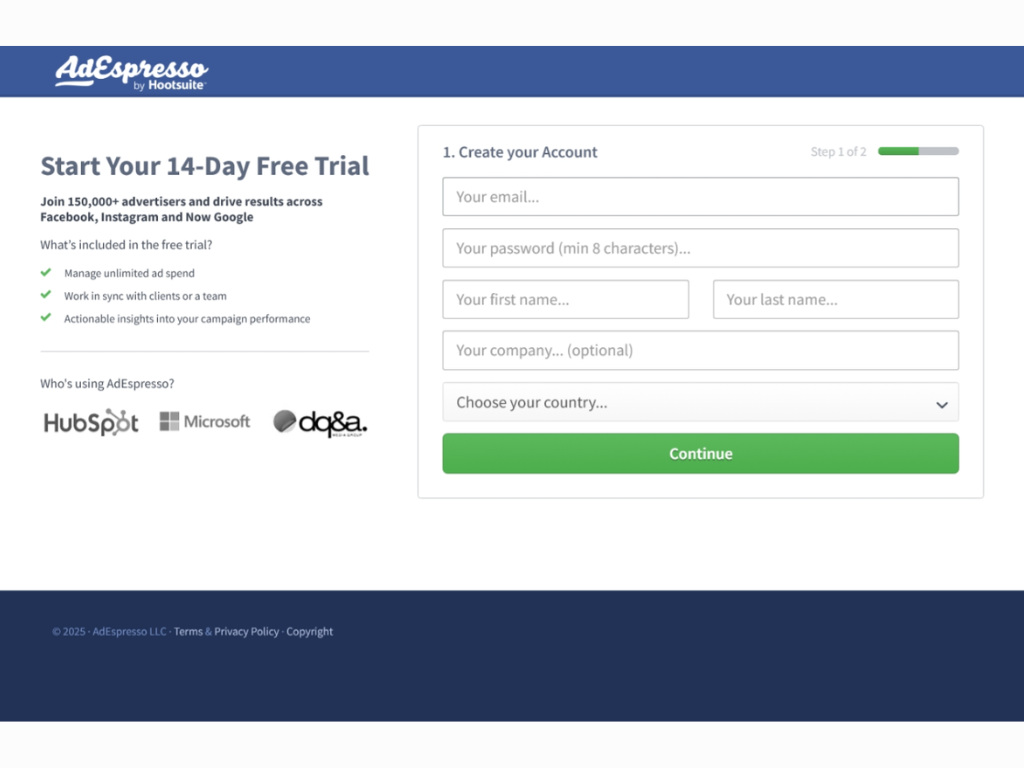 It’s a small addition, but it makes a difference. Many prospects worry about being spammed or misled when asked for their email. By addressing those objections upfront, HubSpot removes friction and reinforces credibility.### 5. AdEspresso’s Free Trial OfferAdEspresso also keeps its landing page short, sharp, and above the fold. Yet, it still hits the essentials.