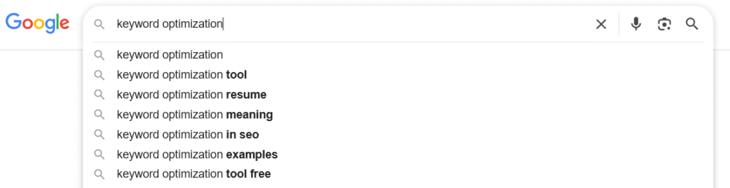 Google’s autocomplete for “keyword optimization”